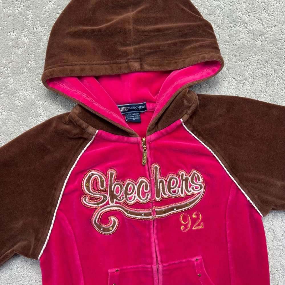 Y2k Skechers Hoodie Girls M Brown Pink Velour McBling Rhinestone Embroidered - Picture 3 of 15